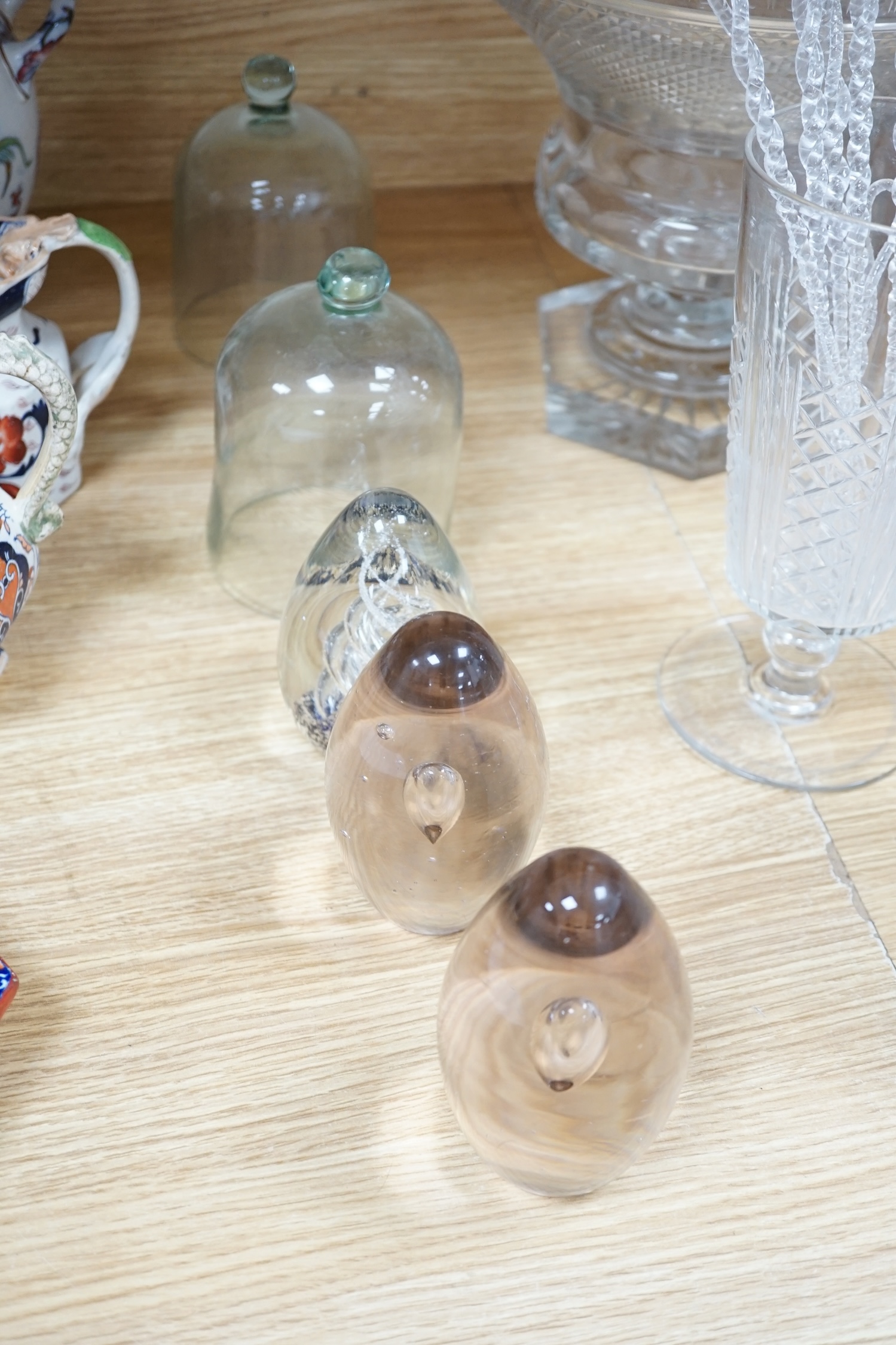 A collection of glassware to include a set of six tumblers, a large centrepiece and two decanters, largest 25cm high. Condition - poor to fair